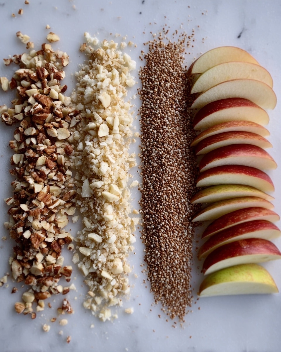 The image shows four neat rows of ingredients on a white marbled surface. On the left, there is a row of chopped nuts with a rough texture and light brown color. Next to it, a row of coarsely chopped white nuts, smaller in size and lighter in color. To the right, a line of finely ground brown seeds with a sandy texture. The last row on the far right displays thin apple slices with red skin and pale yellow flesh, stacked evenly with smooth edges. Photo taken with an iphone --ar 4:5 --v 7