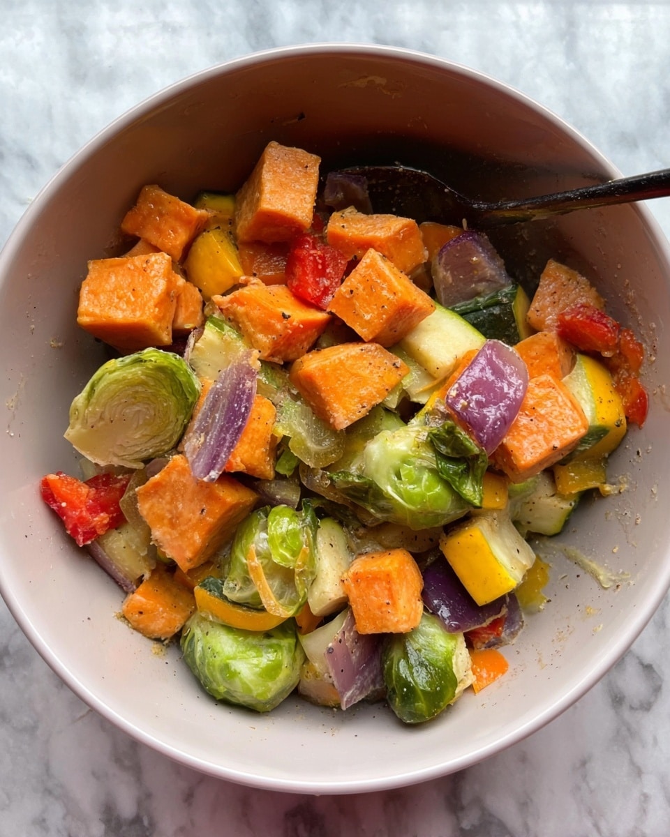 Inside a white bowl, there is a mix of cooked vegetables and small orange cubes of sweet potato, scattered with green Brussels sprouts cut in halves. There are also chunks of yellow and green zucchini, bits of red and yellow bell peppers, and pieces of cooked purple onion, all mixed together in a slightly shiny light sauce. The vegetables have soft textures with some specks of seasoning visible. A dark-colored spoon rests inside the bowl among the vegetables. The background shows a white marbled surface. Photo taken with an iphone --ar 4:5 --v 7