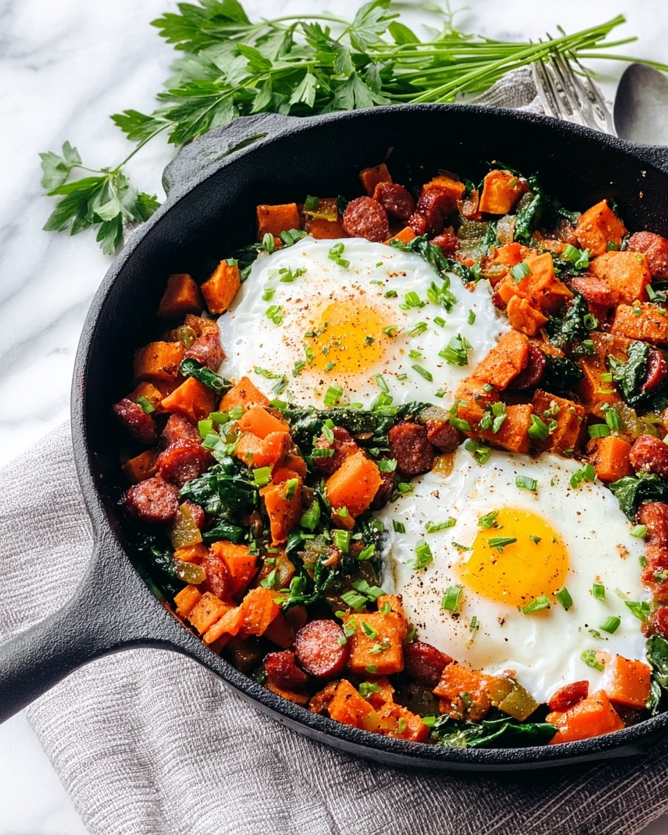 The image shows a cast iron pan filled with a mix of diced orange sweet potatoes, green spinach leaves, and small pieces of cooked red chorizo sausage evenly spread out. On top of this mixture are two sunny-side-up eggs, their whites cooked and firm with bright yellow yolks in the center, sprinkled with black pepper and small green herb pieces. The pan rests on a light gray cloth, all sitting on a white marbled surface with some fresh parsley sprigs nearby. photo taken with an iphone --ar 4:5 --v 7