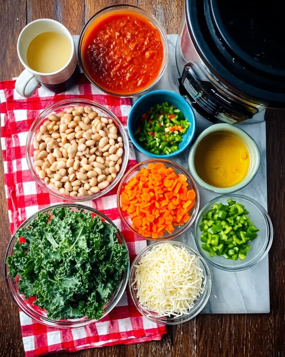 The image shows a white marbled surface with several small clear bowls arranged neatly on it. At the center bottom, there is a bowl filled with fresh green leafy kale, and to its right, a bowl of white shredded cheese. Above the kale, there is a bowl of chopped bright orange carrots, and to the right of the carrots, a bowl of chopped green bell peppers. To the left of the kale, there is a bowl filled with white beans, and above that, another bowl containing red tomato sauce. Nearby, there is a smaller blue bowl filled with light yellow olive oil. A black slow cooker with a shiny finish sits in the upper right corner, and a clear glass mug filled with creamy pale yellow broth is placed in the top left. A woman's hand is resting to the left near the olive oil. The scene is set on a red and white checkered cloth that adds a pop of color. The photo is taken with an iphone --ar 4:5 --v 7