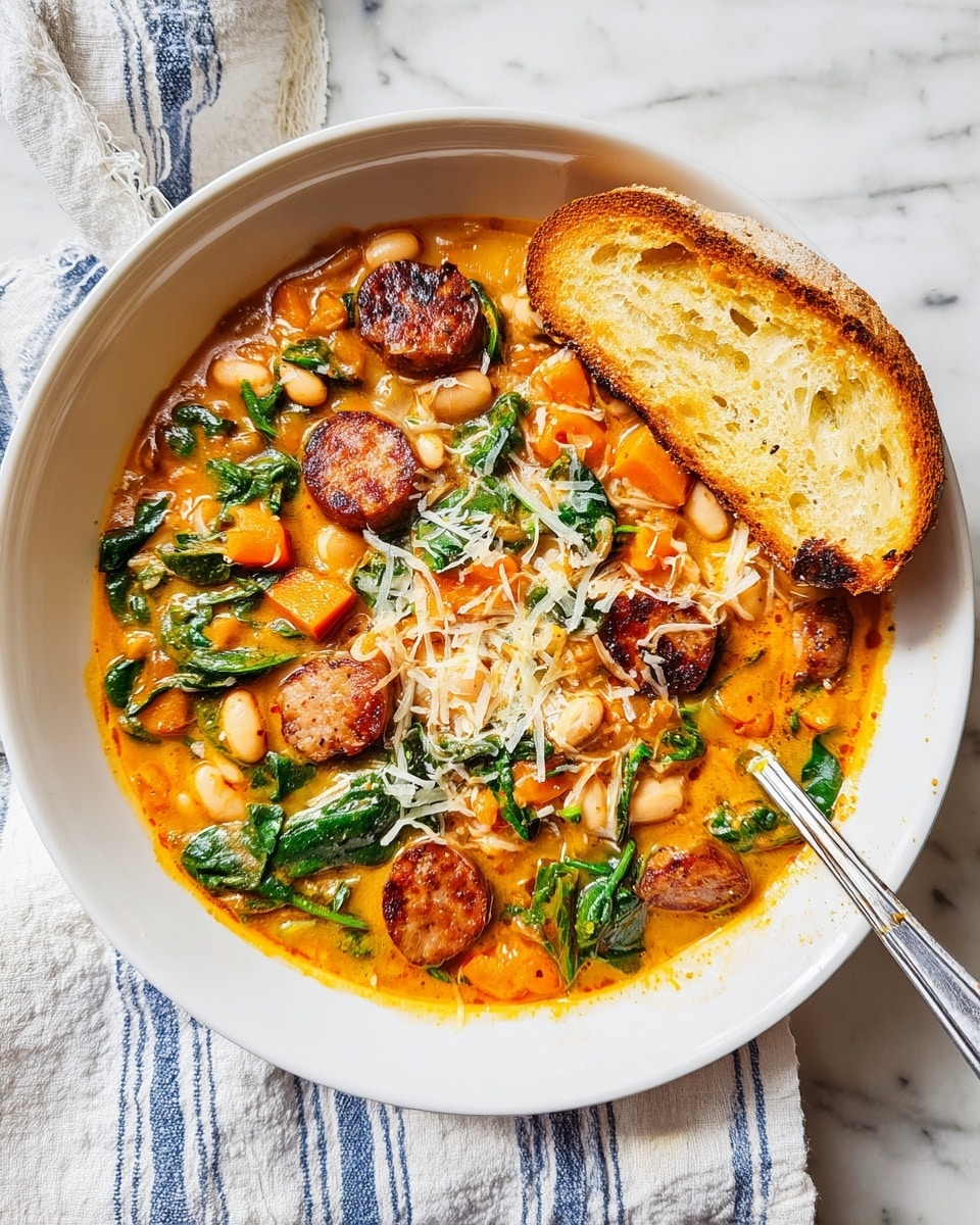 A white bowl on a white marbled surface holds a thick stew with three main layers: the bottom layer is a rich orange broth with a creamy texture, the middle layer is filled with bright orange carrot pieces, green leafy spinach, white beans, and green celery chunks, and the top layer has browned sausage slices and shredded white cheese scattered over the stew. A large toasted white bread slice with a golden brown crust rests partially in the stew on the right side. A silver spoon is placed inside the bowl, leaning on the bread. A white cloth with blue stripes is placed under the bowl. Photo taken with an iphone --ar 4:5 --v 7