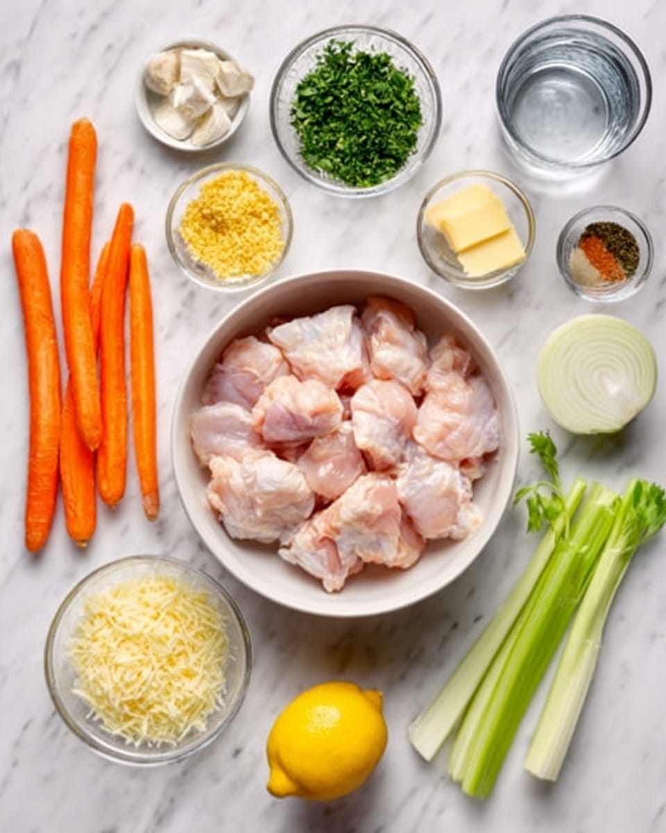 A white bowl filled with raw chicken pieces sits in the center on a white marbled surface. Around the bowl are fresh ingredients organized neatly: three bright orange carrots on the left, a small pile of green herbs top left, minced yellow garlic and grated cheese in small clear bowls, a small cube of butter, a round yellow lemon on top right, white onion and light green celery stalks arranged along the right side. There are also small piles of spices in cups, and a glass of water near the top right. Everything is bright and fresh, with clear details and soft natural light. Photo taken with an iphone --ar 4:5 --v 7