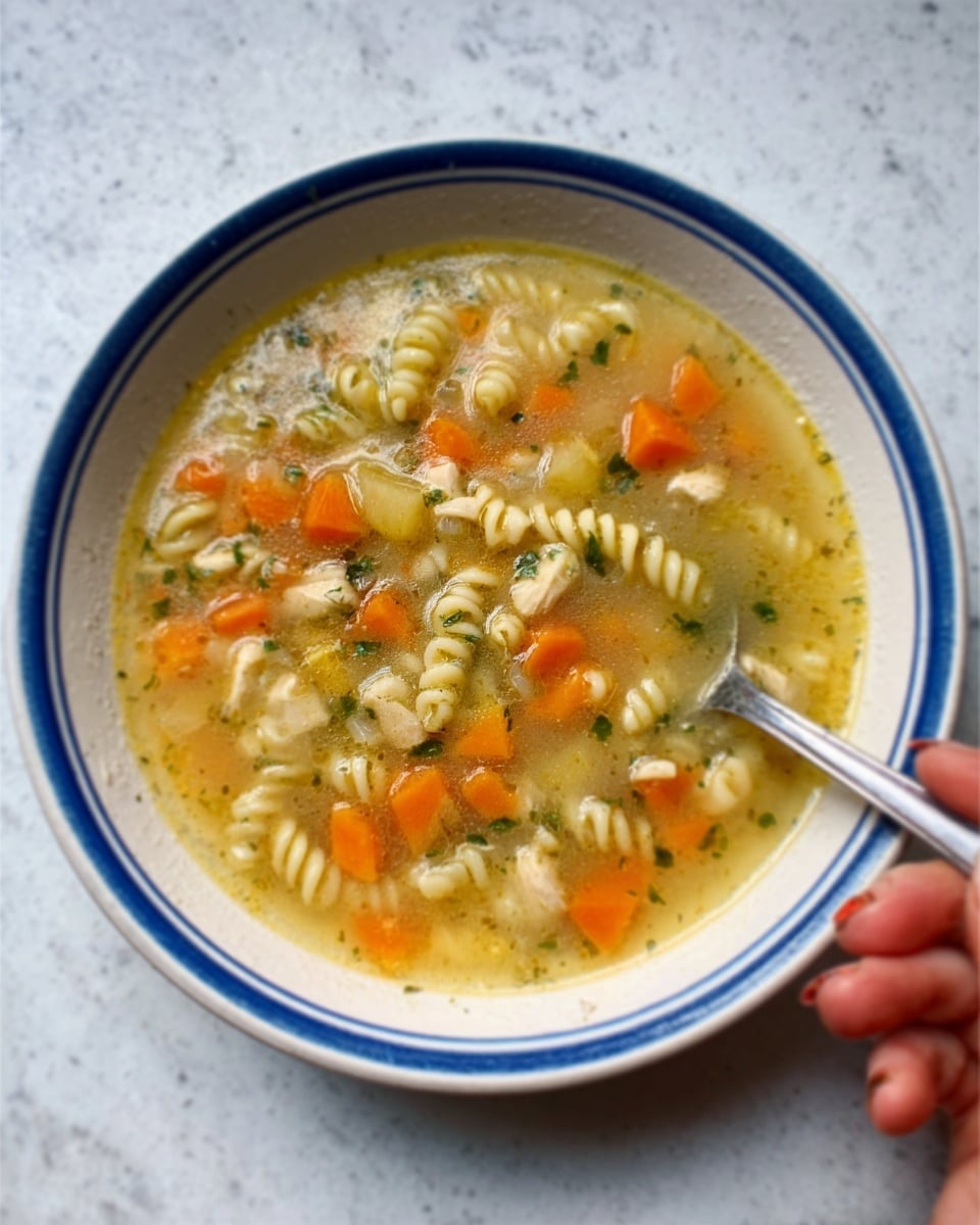 A white bowl with a blue rim filled with chicken noodle soup is shown on top of a white marbled surface. The soup has three main layers visible: the bottom layer is light yellow broth, the middle layer has small pieces of orange carrots and white spiral pasta, and the top layer contains small white chunks of chicken and green herbs scattered evenly. A spoon rests inside the bowl, its handle extending out over the rim, held by a woman's hand. Photo taken with an iphone --ar 4:5 --v 7