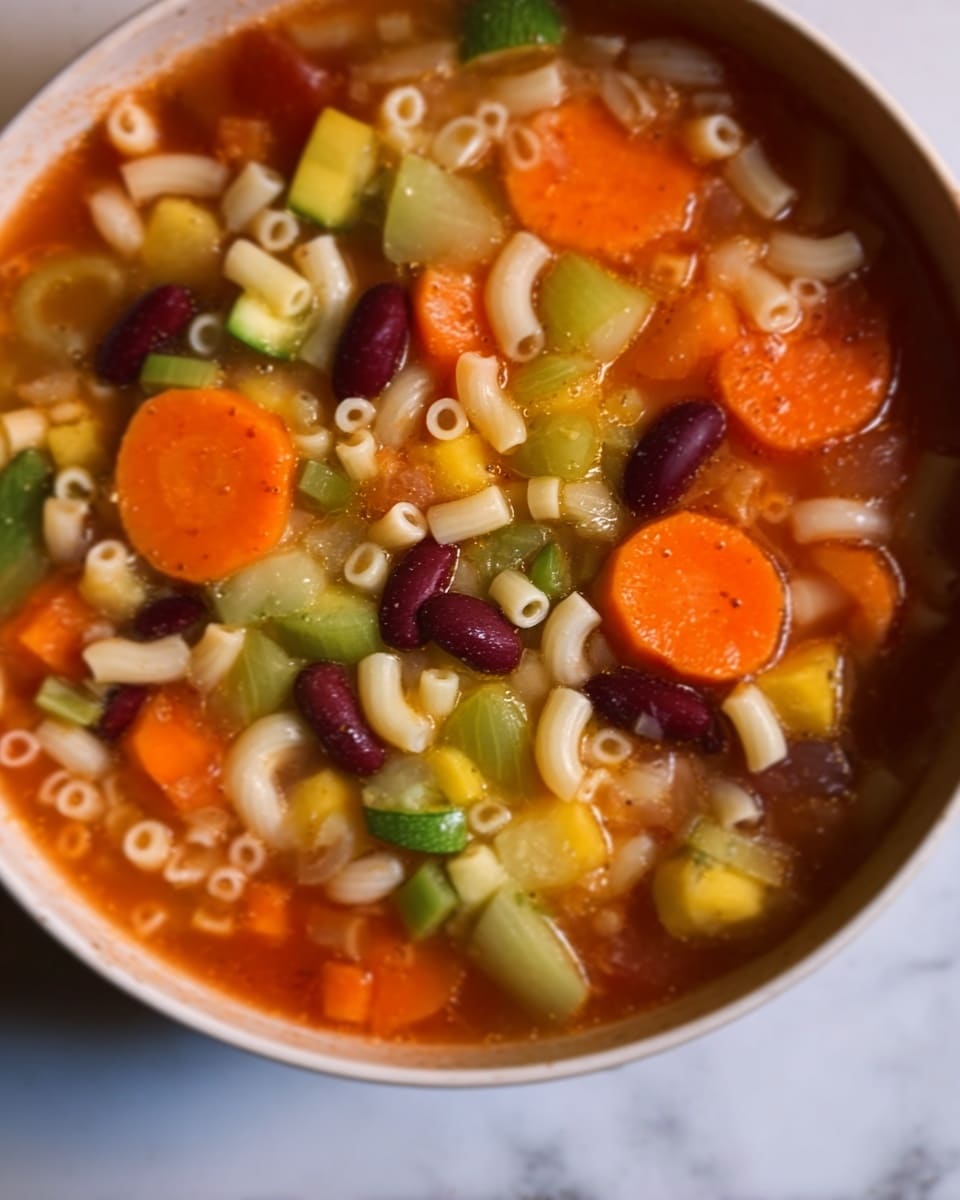 The image shows a bowl filled with colorful soup featuring multiple layers: small white tubular pasta spread evenly throughout, bright orange carrot slices floating on the surface, green sliced celery pieces mixed in, chunks of yellow squash near the top, and dark red kidney beans scattered inside. The soup base is a reddish broth, making the colors of vegetables and beans stand out with a slightly glossy wet texture. All ingredients are visible in a white bowl placed on a white marbled surface. Photo taken with an iphone --ar 4:5 --v 7