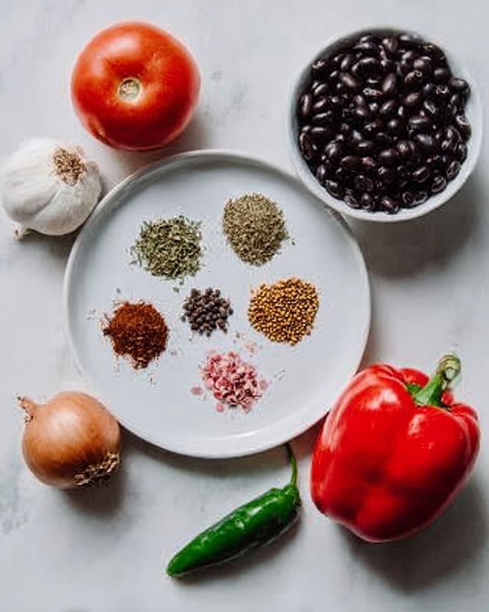 A white plate on a white marbled surface holds five small piles of spices and ingredients arranged in a circle: green dried herbs, small pink dried flakes, brown coarse powder, black peppercorns, and mustard seeds. Around the plate are fresh vegetables: a whole bright red tomato, a white onion with its root end visible, a whole garlic bulb, a green chili pepper, and a large red bell pepper. Next to the plate is a white bowl filled with shiny black beans. The scene is well lit with soft natural light, showing clear textures and colors of all items. photo taken with an iphone --ar 4:5 --v 7