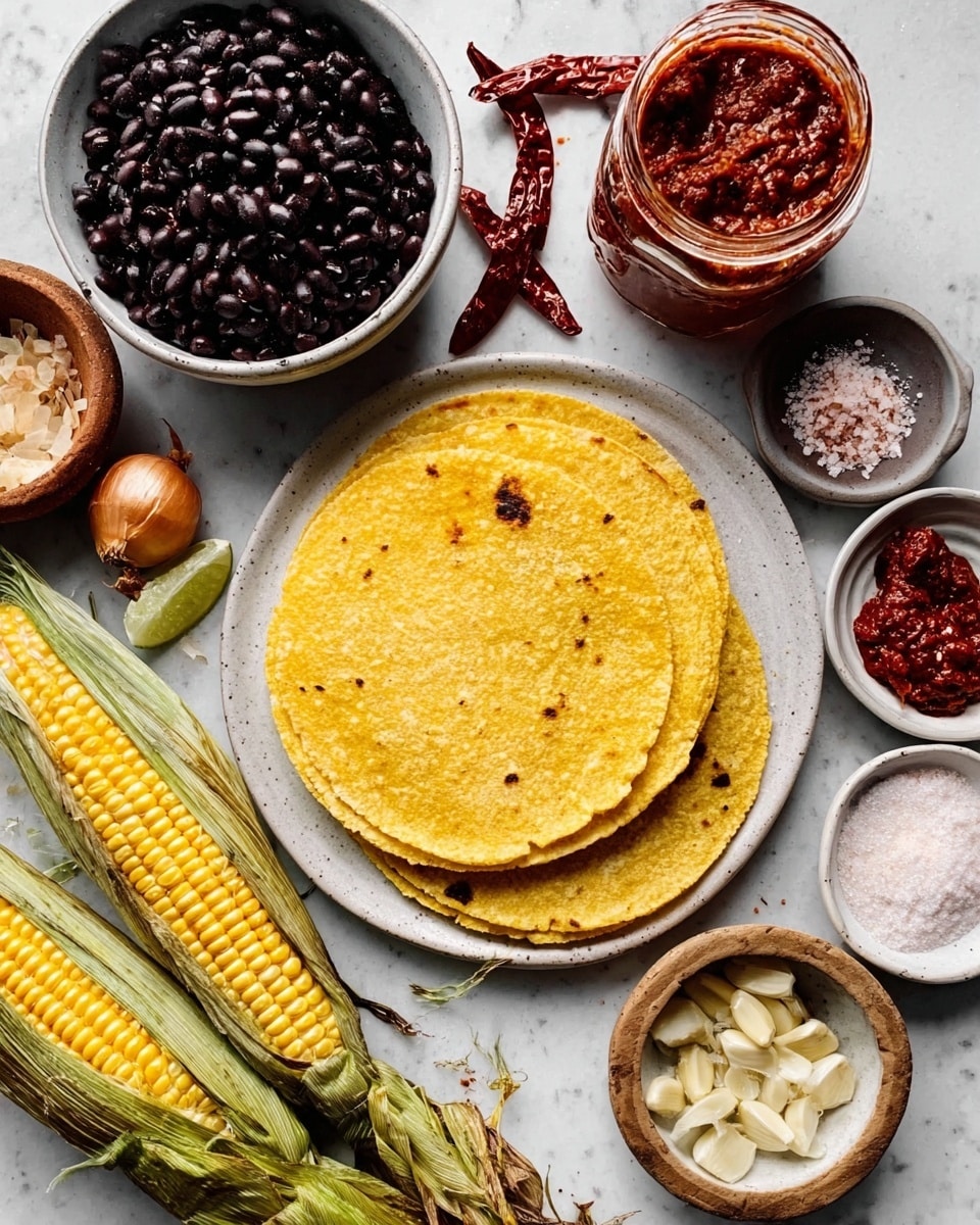 The image shows two yellow corn tortillas stacked on a white plate on a white marbled surface. Around the plate, there is a white bowl filled with black beans, a small white bowl of coarse salt, a jar of red salsa with some salsa spilled on the surface beside it, and dried red chili peppers placed near the tortillas. There are also fresh corn ears with green husks laying at the bottom, along with a small white bowl containing light-colored onion pieces and a white bowl with garlic cloves. The textures include smooth beans, rough chili skin, and soft tortillas. photo taken with an iphone --ar 4:5 --v 7