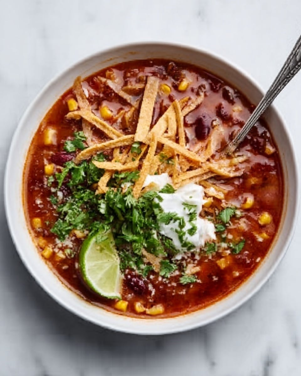 A white bowl filled with a rich red soup that has many layers of toppings. The soup contains visible corn kernels and beans. On top, there are thin light brown tortilla strips scattered over a layer of fresh green chopped cilantro and some small white dollops of sour cream. A lime wedge rests on the edge of the bowl. A silver spoon lies inside the bowl, partially submerged in the soup. The bowl is placed on a white marbled surface. Photo taken with an iphone --ar 4:5 --v 7