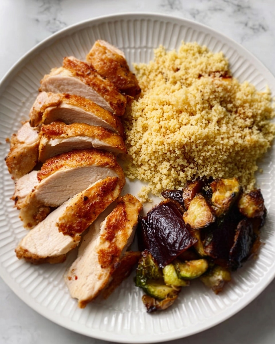 A white plate on a white marbled surface holds three main parts. On the left, there are five slices of cooked chicken with a golden-brown, slightly crispy skin showing a soft, moist inside. The chicken is placed in a slight curve, each piece leaning against the next. On the right side, there is a heap of fluffy, pale yellow couscous with tiny bits giving it some texture. Below the couscous and chicken, there is a portion of roasted vegetables, mainly dark purple and green, with a slightly shiny and caramelized surface, showing crispy edges. The plate is well balanced with the colors and shapes clearly separated. Photo taken with an iphone --ar 4:5 --v 7