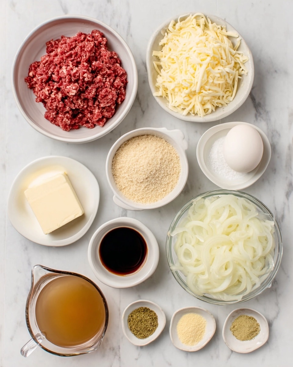 The image shows several white bowls and plates with raw ingredients placed on a white marbled surface. In a round white bowl at the top left is a layer of red ground meat, next to it on the right is a small white bowl filled with shredded cheese. Below the meat is a small amount of white salt in a white bowl. Next to the salt is a bowl of light brown breadcrumbs. To the right is a clear white bowl filled with sliced white onions. Beneath these bowls are a small white dish with dark soy sauce, a single white egg, and a white butter block on a small white plate. At the bottom left is a clear glass cup filled with light brown broth. On the bottom right, three teaspoons hold different powders in colors light green, yellow, and tan. Photo taken with an iphone --ar 4:5 --v 7