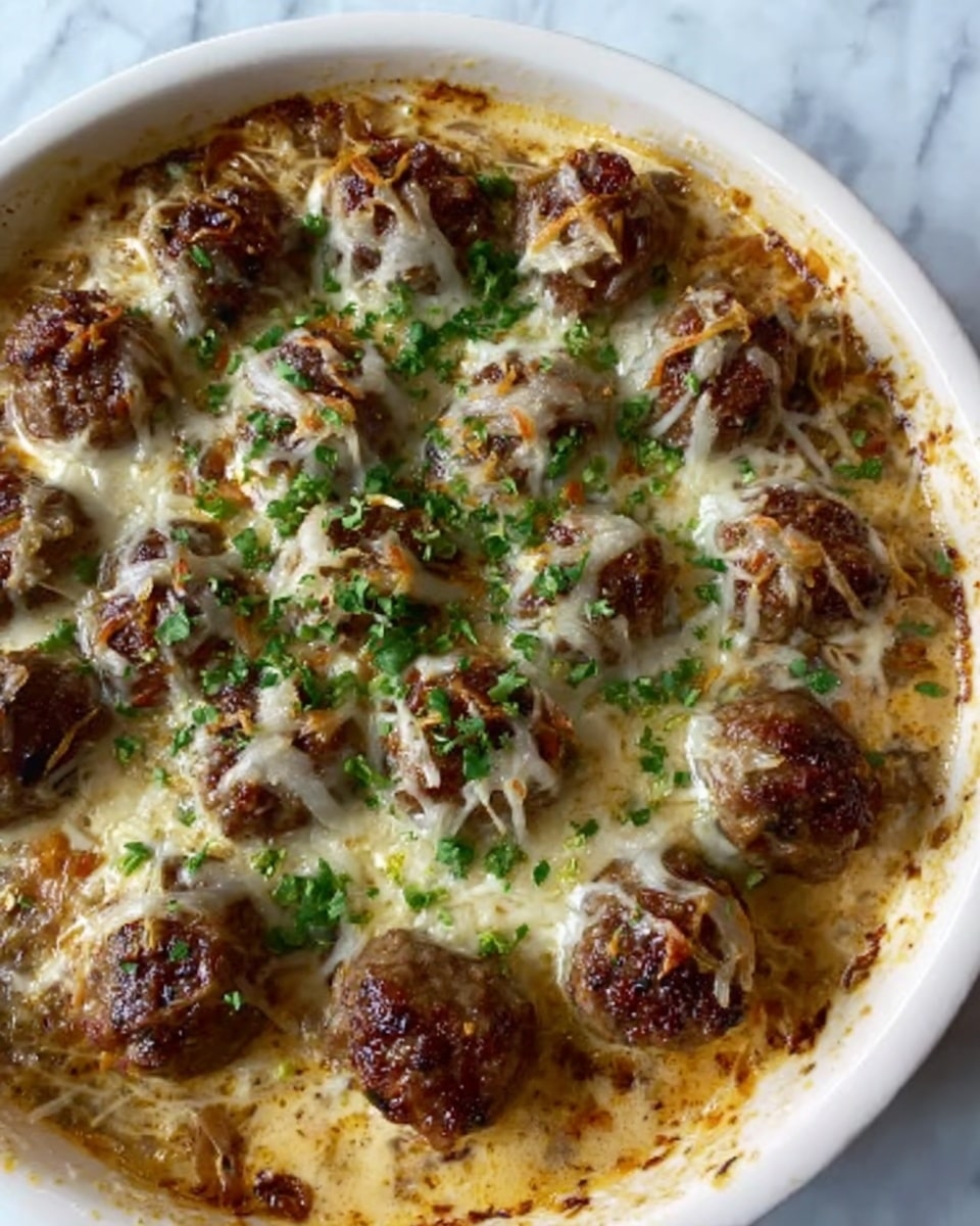 The image shows a white round dish filled with small meatballs covered in melted white cheese and sprinkled with chopped green herbs. The meatballs are placed evenly all over the top layer, sitting on a creamy sauce that has a light brown color and a smooth texture. The surface underneath the dish is a white marbled texture. Photo taken with an iphone --ar 4:5 --v 7