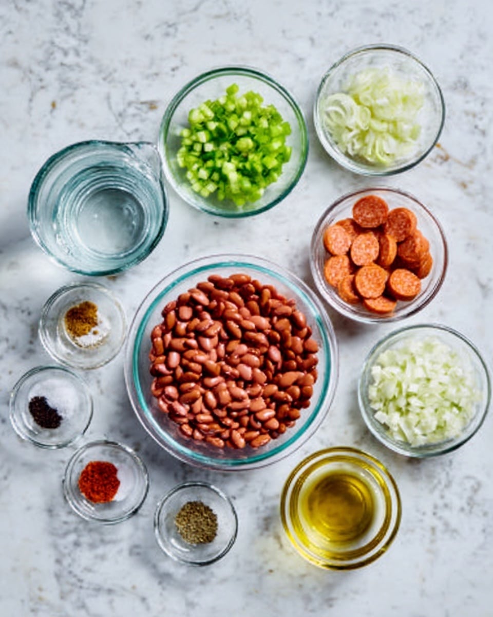 A white marbled surface holds several clear glass bowls arranged neatly. In front, a large bowl filled with reddish-brown kidney beans sits in the center. To its right, a smaller bowl contains deep orange and brown circular sausage slices. Slightly above, a bowl with bright green chopped celery pieces is next to a bowl with chopped white onions. Another small bowl with chopped green peppers is near the celery. On the left side, a clear glass cup of water and small bowls with assorted spices in colors of red, black, white, and green are lined up. A small bowl with golden-yellow oil is on the far right. All ingredients are ready to be used, set carefully on the white marbled surface. photo taken with an iphone --ar 4:5 --v 7