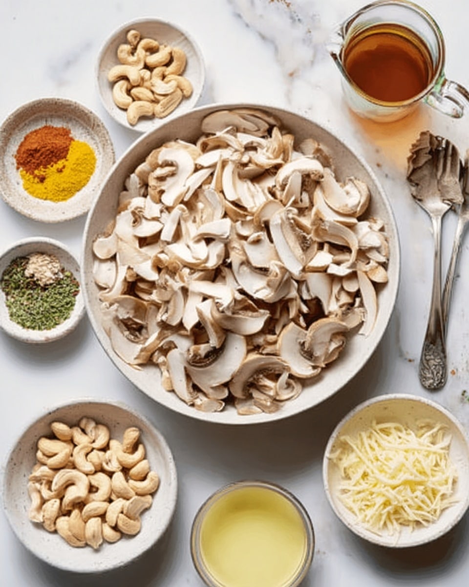A large round white bowl filled with several layers of thinly sliced, pale brown mushrooms, showing a soft texture and a fresh appearance, is placed at the center on a white marbled surface. Surrounding the bowl are smaller white bowls containing raw cashews with a creamy color, finely chopped white onions, shredded pale yellow cheese, and a mix of yellow, green, and orange spices. There is also a small white bowl with light yellow liquid and a clear glass container holding brown liquid, all neatly arranged around the main bowl. A silver fork rests on the right side near the bowls. photo taken with an iphone --ar 4:5 --v 7