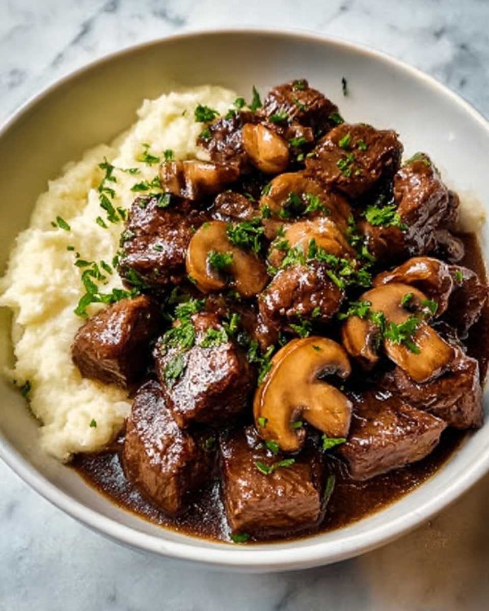 A white bowl filled with several pieces of dark brown cooked beef mixed with sliced mushrooms, all coated in a shiny dark sauce. The beef and mushrooms sit on the right side of the bowl, while creamy off-white mashed potatoes fill the left side, creating a clear separation between the two. Fresh green chopped herbs are sprinkled on top of the beef and mushrooms for color contrast. The bowl is placed on a white marbled surface. Photo taken with an iphone --ar 4:5 --v 7
