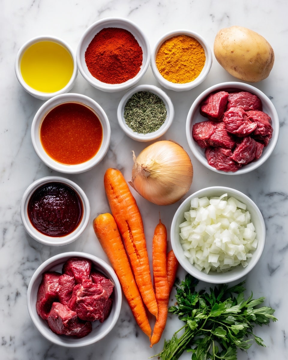 The image shows many small white bowls arranged neatly on a white marbled surface, each holding different cooking ingredients. There are vibrant red spices, bright yellow oil, and thick red sauce in separate bowls. Fresh herbs with green leaves are on the right side. Whole orange carrots and a light brown potato are placed on the surface, along with a bowl of raw red meat and a bowl of chopped white onions. All the ingredients are clean and distinct, creating a colorful and organized layout. Photo taken with an iphone --ar 4:5 --v 7