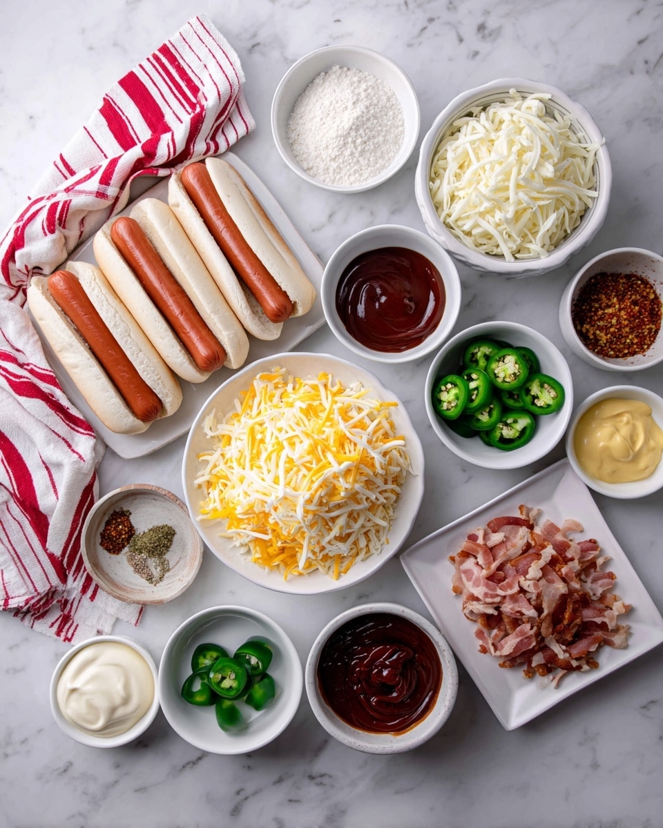 The image shows a top-down view of many cooking ingredients arranged neatly on a white marbled surface. There are several hotdogs placed on a white plate with a red and white striped cloth beside it. Next to them is a handful of shredded white cheese, thinly shredded into fine strands, in a small white bowl. Four whole and sliced green jalapeños are positioned near the center. Several small white bowls hold different sauces and spices, each showing varied colors like dark red and creamy yellow. More ingredients include finely chopped bacon on a square white plate and a small bowl of flour. Everything is cleanly arranged to give a clear view of each item. The lighting is soft and natural. Photo taken with an iphone --ar 4:5 --v 7