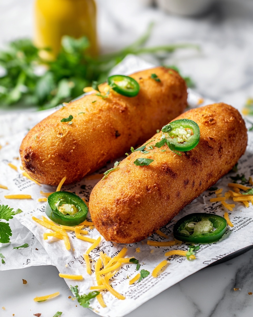 The image shows two golden-brown deep-fried corn dogs placed on white paper with black print, resting on a white marbled surface. The corn dogs have a crispy, rough texture with slightly darker spots. Scattered around them are thin slices of green jalapeños and small piles of shredded yellow cheese, adding bright green and yellow colors to the scene. Fresh green cilantro leaves and a yellow mustard bottle are visible in the background, softly out of focus, adding hints of freshness. The photo is bright and clear, with natural lighting highlighting the crispy texture of the corn dogs. Photo taken with an iphone --ar 4:5 --v 7