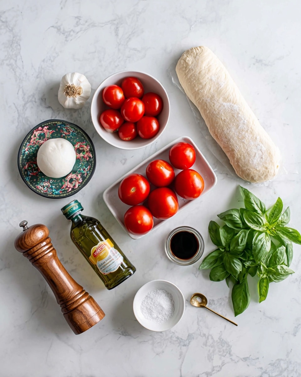 The image shows ingredients for making pizza spread over a white marbled surface. There is a roll of pizza crust dough at the top right, with a cluster of three red round tomatoes at the bottom center. Bright red grape tomatoes fill a small white bowl at the top left. A ball of white mozzarella cheese is placed on a small dark plate with a floral pattern next to the pizza crust. Nearby are two garlic cloves in a small white dish and a small white bowl with dark balsamic vinegar. Fresh green basil leaves sit on and beside a small white bowl at the bottom right. A tall green glass bottle of olive oil lies on the left, close to a wooden pepper grinder and a small white bowl containing coarse white salt with a gold spoon. photo taken with an iphone --ar 4:5 --v 7