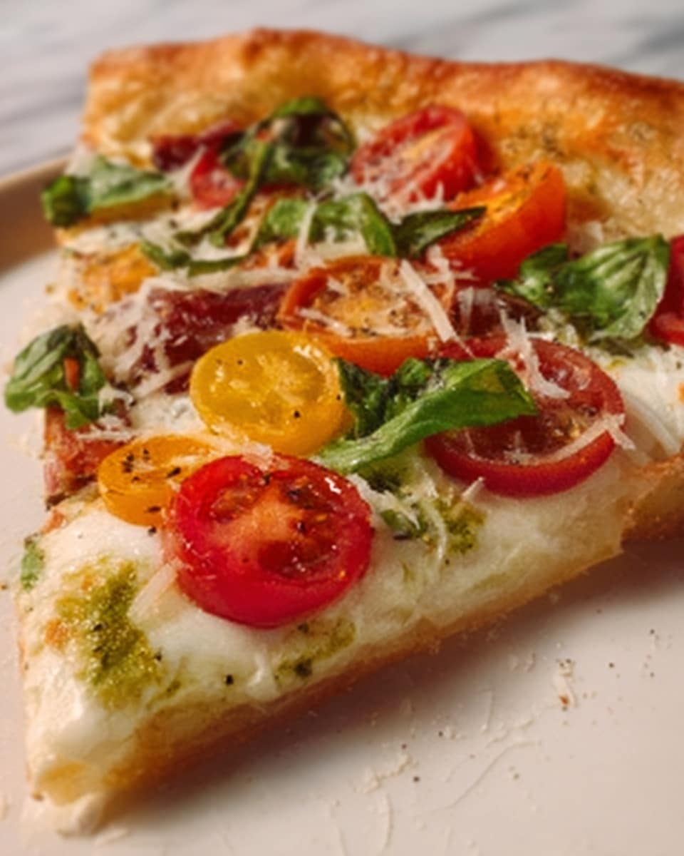 The image shows a close-up of a pizza slice with a golden-brown crust on the edge. The pizza has several layers starting with sauce spread beneath a thick layer of melted white cheese that looks smooth and creamy. On top of the cheese, there are thin slices of red and yellow cherry tomatoes, some green basil leaves, and thinly shaved light brown cheese scattered across. The overall texture is fresh and slightly glossy with visible small bubbles on the cheese. The pizza is placed on a white plate, and the surface beneath is white marbled texture. photo taken with an iphone --ar 4:5 --v 7