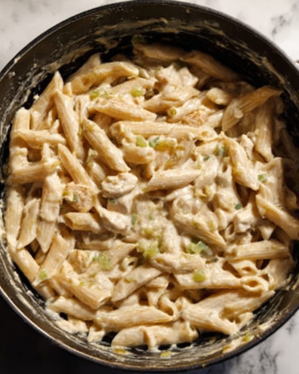 A close-up of a pot filled with creamy penne pasta. The penne is light beige in color, coated in a smooth, thick white sauce with small bits of green herbs and possibly pieces of chicken mixed through. The sauce looks rich and evenly covers the pasta. The pot is black and shows some sauce splashes on the sides, sitting on a white marbled surface. photo taken with an iphone --ar 4:5 --v 7