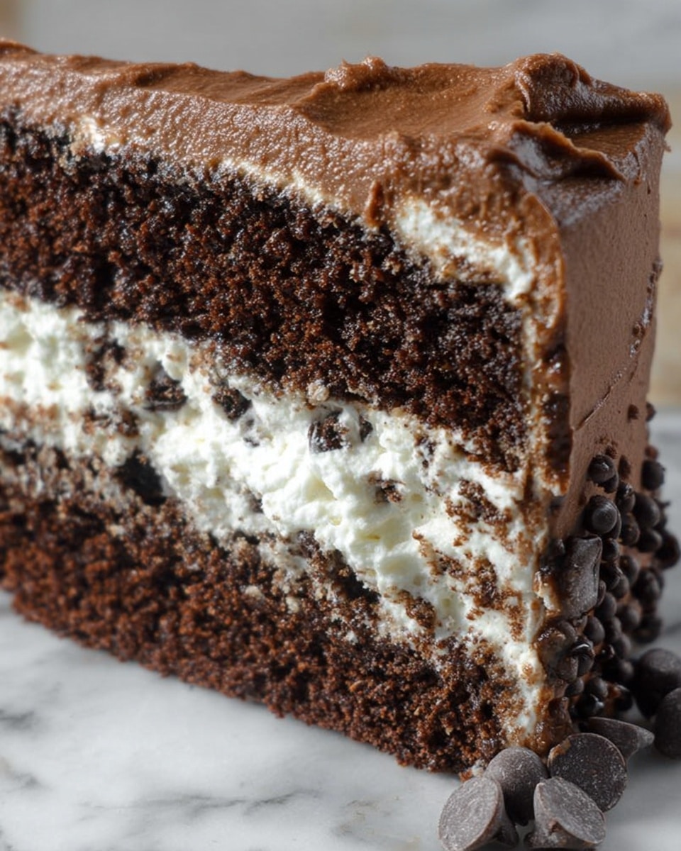 The image shows a close-up of a chocolate cake slice with three visible layers. The bottom and top layers are dark brown, moist chocolate cake with a crumbly texture. Between them is a thick, white creamy layer with dark chocolate specks visible inside it. The sides of the cake are covered with smooth, rich chocolate frosting that flows slightly down the edges. There are several chocolate chips placed near the bottom right side of the slice, resting on a white marbled surface. The photo taken with an iphone --ar 4:5 --v 7