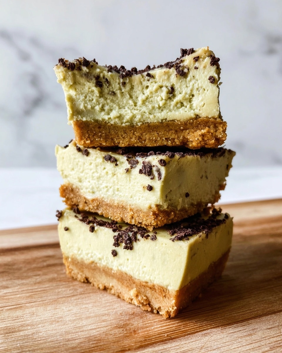 The image shows a stack of three thick rectangular pieces of a dessert or snack. Each piece has two layers: a bottom crust layer that is light brown, crumbly, and dense, while the top layer is thick, pale yellow-green, and creamy with a slightly rough texture. The top edges of the pieces are uneven with small chocolate sprinkles scattered lightly across the top layer. The stack is placed on a wooden surface with a smooth grain, set against a background of white marbled texture. photo taken with an iphone --ar 4:5 --v 7