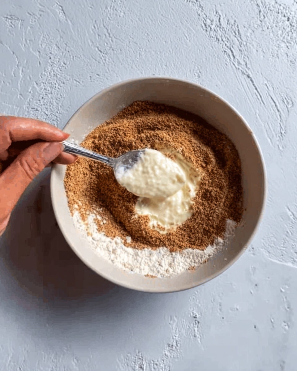 A white bowl on a white marbled surface holds a mixture of brown powder and white flour. A woman's hand is holding a spoon scooping a dollop of thick white cream or yogurt from the center, resting on top of the dry ingredients. The layers show the base of the brown powder covering most of the bowl's surface with a mound of white flour and cream in the middle. The spoon creates a small indentation in the ingredients. Photo taken with an iphone --ar 4:5 --v 7