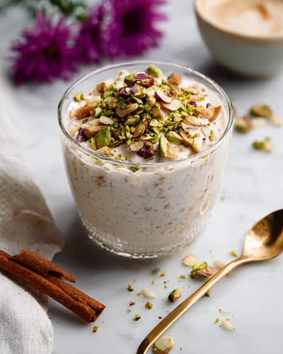 A clear glass cup filled with a creamy, white mixture with small green and brown bits throughout, topped with a generous sprinkle of chopped green pistachios and thin slivers of light brown nuts. The cup sits on a white marbled surface, next to a cinnamon stick and a golden spoon resting on a white cloth. Purple flowers in the background add a soft pop of color, and a cup with frothy cream is also slightly visible. The lighting is soft and natural, highlighting the texture of the creamy mixture and nut toppings. photo taken with an iphone --ar 4:5 --v 7