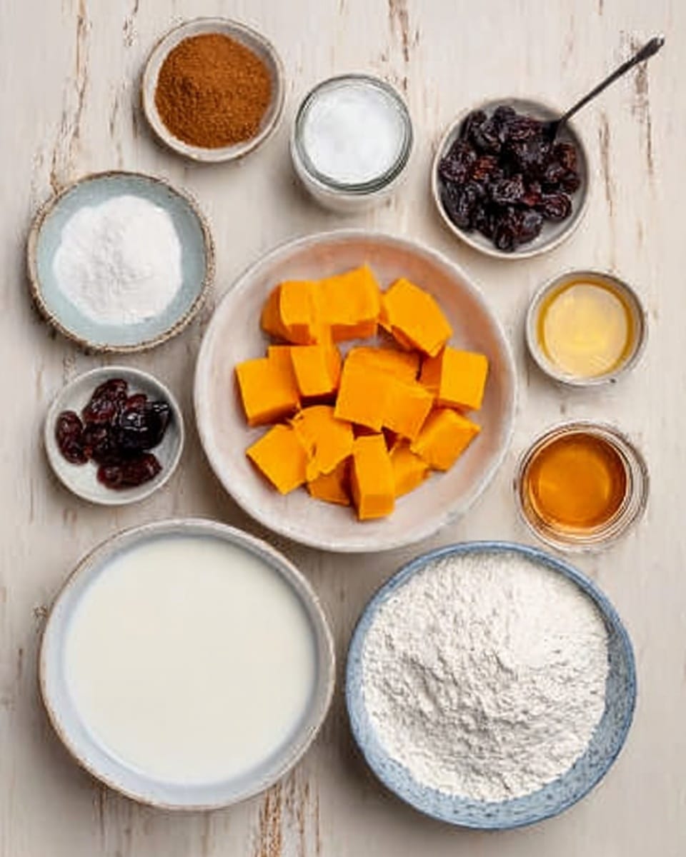 A top view of several small white bowls arranged on a white marbled surface, each containing different baking ingredients. The largest white bowl in the center holds bright orange cubed pumpkin pieces. Surrounding it, clockwise from top left, are a small bowl with brown powder, a jar with white sugar, a small bowl with dark prunes, a small bowl with white coconut oil, a jar with golden syrup, a small cup with white yogurt, and a large bowl filled with white flour. In the bottom center, a large white bowl contains fresh milk. The photo taken with an iphone --ar 4:5 --v 7