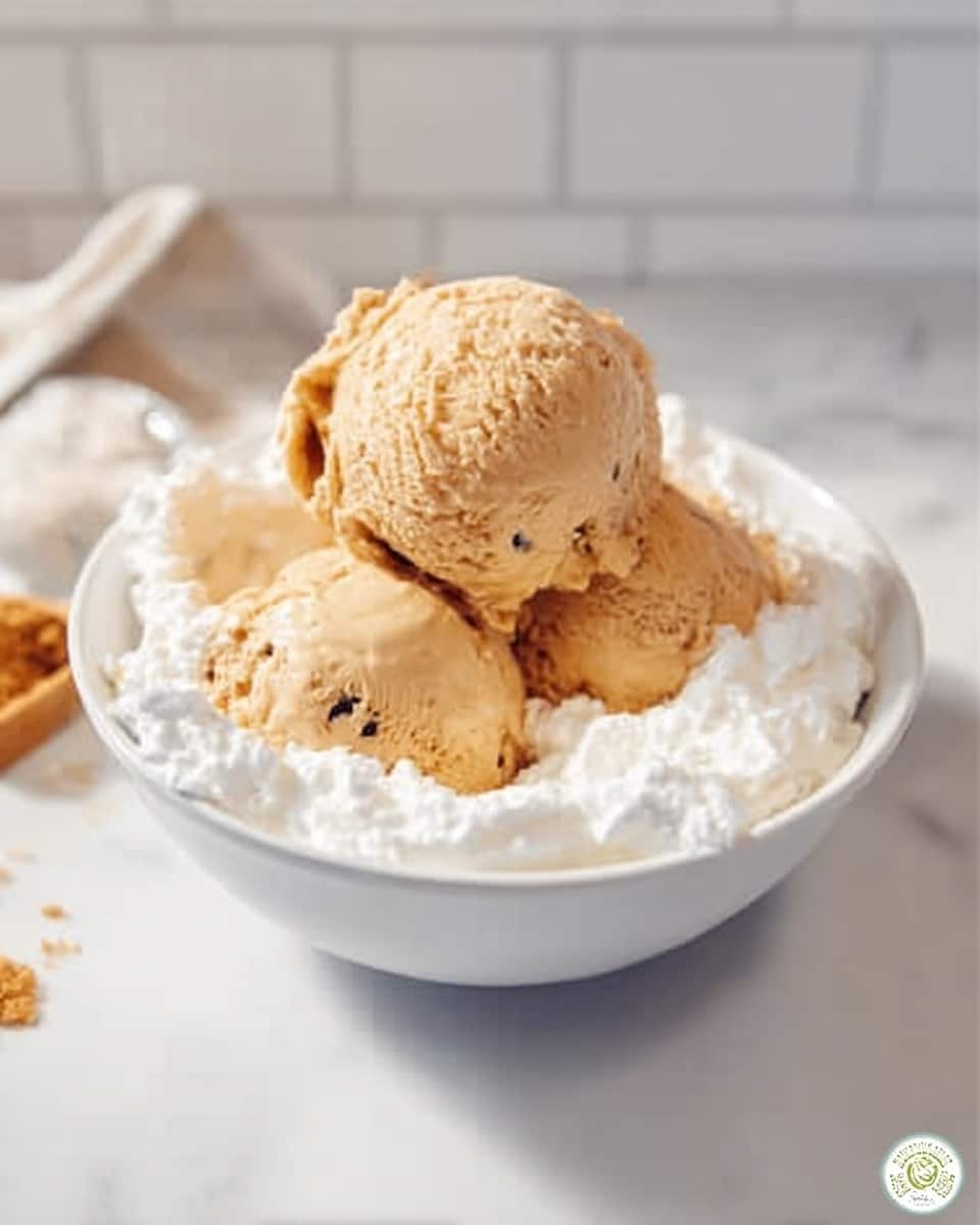 The image shows a white bowl filled with three scoops of light brown ice cream with small dark bits in it. Around the ice cream, there are large dollops of white whipped cream. The bowl is on a white marbled surface with white tiles in the background. The lighting is bright, showing the creamy texture of both the ice cream and whipped cream clearly. photo taken with an iphone --ar 4:5 --v 7