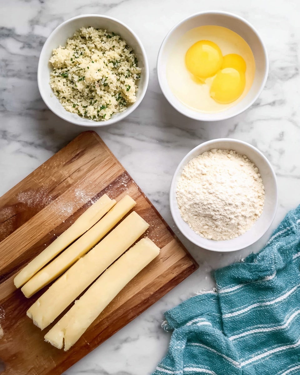The image shows a top-down view of a white marbled surface with three white bowls at the top, each holding different ingredients. The left bowl contains a crumb mix with green herbs visible, the middle bowl has beaten yellow eggs, and the right bowl holds a light beige flour. Below these bowls is a wooden cutting board placed horizontally, holding several light yellow cheese sticks, some whole and some split into two pieces. To the right of the cutting board, a teal towel with white stripes is partially visible. photo taken with an iphone --ar 4:5 --v 7