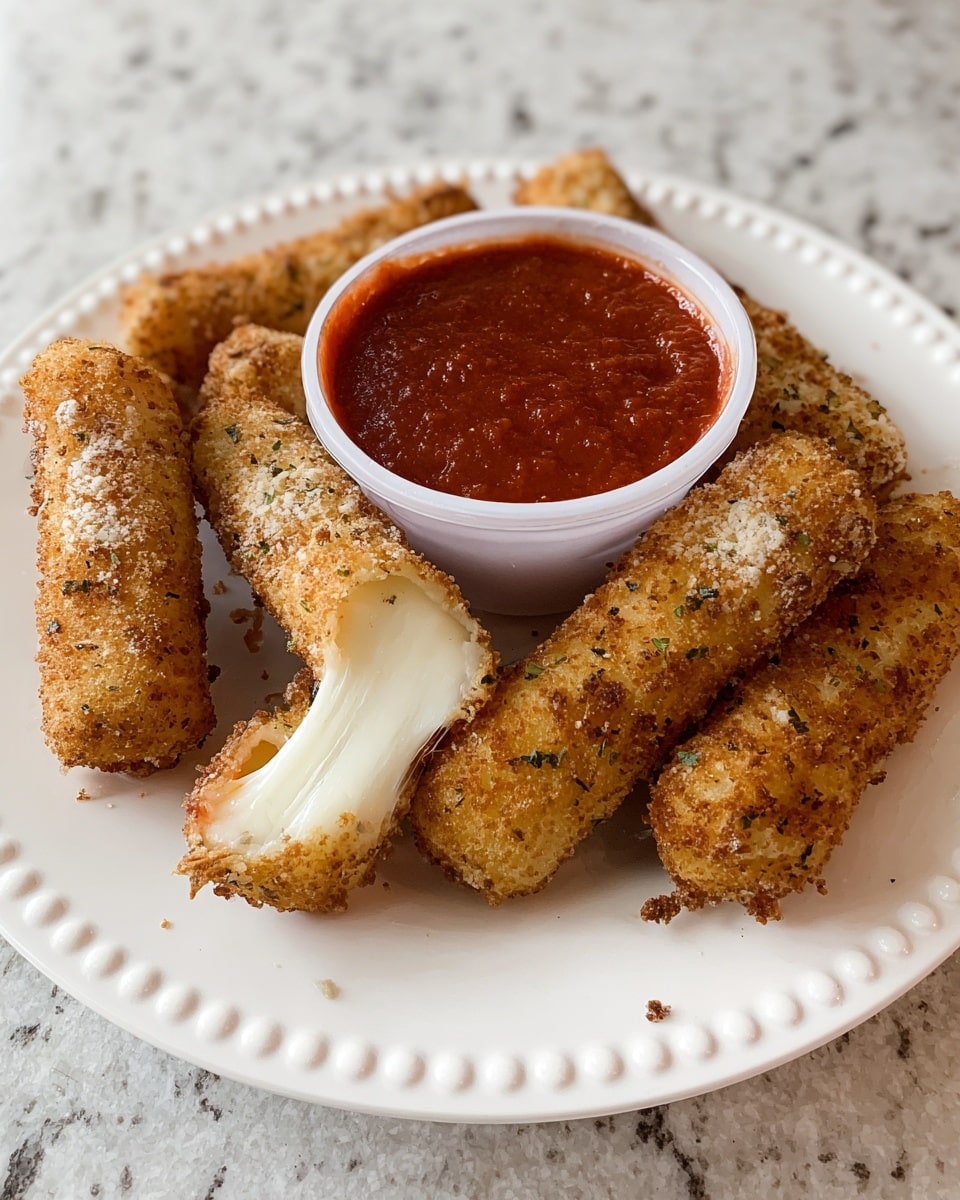 On a white plate with a beaded edge, six golden-brown mozzarella sticks arranged loosely around a small white cup filled with thick, red marinara sauce in the center; one mozzarella stick is broken open at the left side, showing soft, melted white cheese stretching out slightly, while the other sticks have a crispy, textured coating with small green herb specks. The plate is set on a white marbled surface. photo taken with an iphone --ar 4:5 --v 7