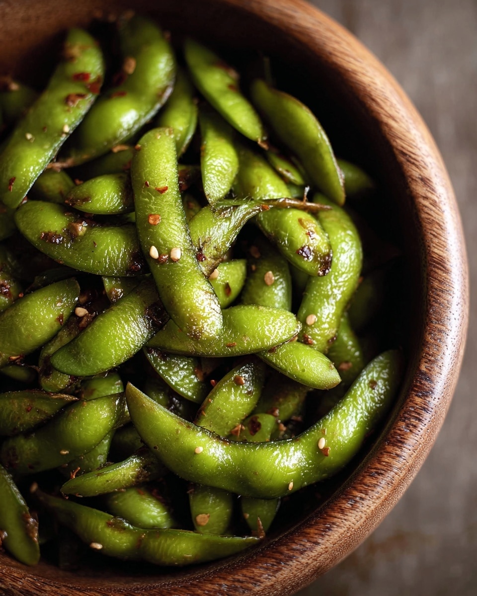 The image shows a close-up of a round wooden bowl filled with cooked green edamame pods. The pods look shiny and slightly oily with small bits of chili flakes and seeds scattered on top. The texture of the pods is smooth but has some visible tiny fuzz. The bowl is placed on a surface with a dark tone that contrasts with the bright green pods. photo taken with an iphone --ar 4:5 --v 7