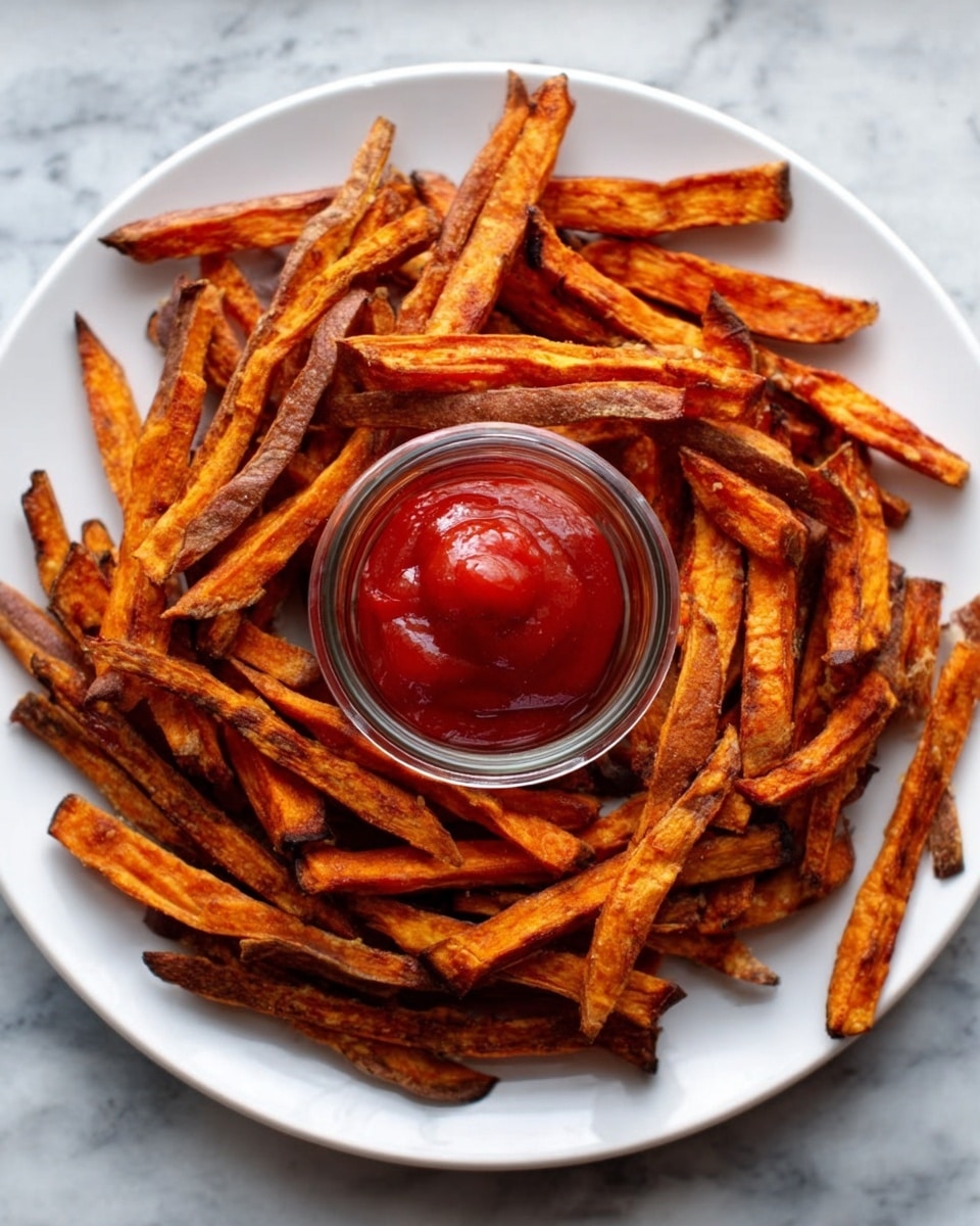 A white plate filled with many sweet potato fries that are golden brown and slightly crispy, arranged in a loose pile. In the center of the plate sits a small clear glass jar filled with bright red ketchup. The texture of the fries shows some rough, crispy edges and soft insides. The plate is on a white marbled surface. photo taken with an iphone --ar 4:5 --v 7
