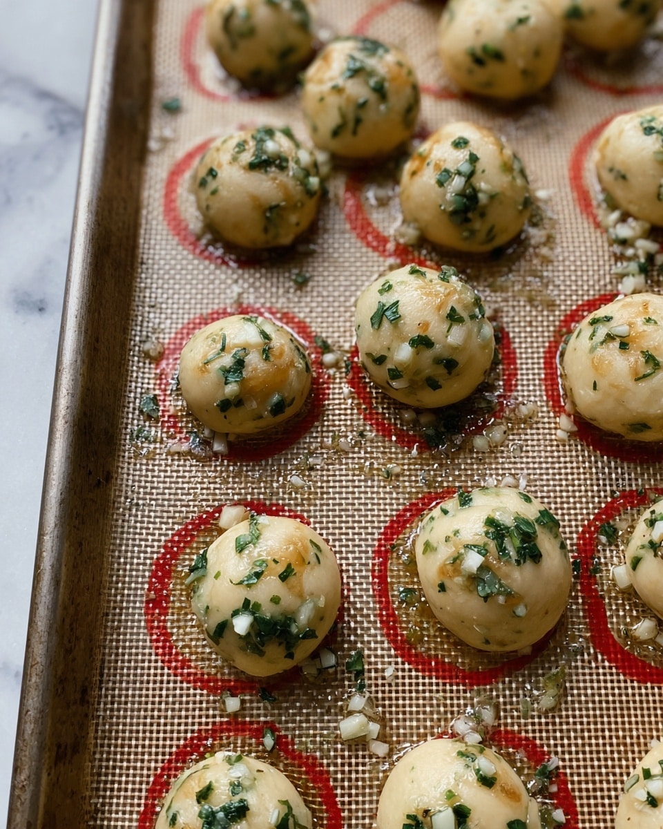 Small light beige dough balls sit on a baking tray with red circle markers, each topped with bits of chopped green herbs and white pieces that look like garlic, all covered lightly with oil that gives them a shiny texture. The dough balls are evenly spaced and have a soft, uneven surface with a slight gloss. The tray has a mesh-like texture and is set against a white marbled surface. photo taken with an iphone --ar 4:5 --v 7