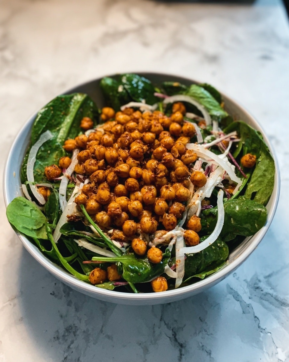 A white bowl filled with a fresh salad sits on a table with a white marbled texture. The salad has a base layer of dark green spinach leaves, giving a leafy and dense look. On top of the spinach, there is a thick layer of golden brown roasted chickpeas, evenly spread in the center. Thin slices of white onion are scattered over the chickpeas, adding contrast and texture. The mix of colors includes dark green, golden, and white, with a natural, fresh appearance. Photo taken with an iphone --ar 4:5 --v 7