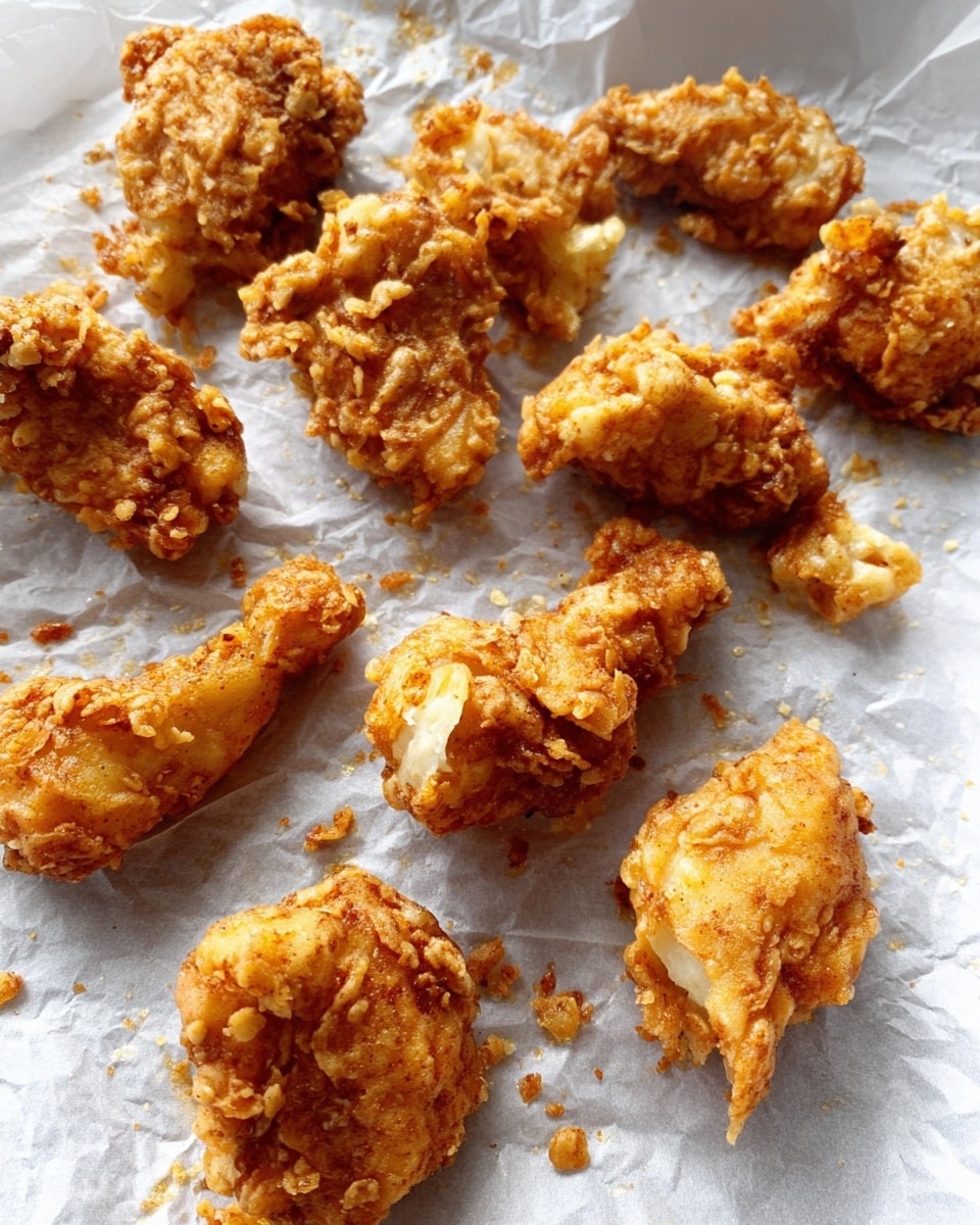 The image shows several pieces of golden brown crispy fried chicken spread out randomly on crumpled silver baking paper. Each piece has a crunchy texture with uneven, rough coating in shades of light to medium brown. The pieces are of different sizes and shapes, some look thick and some small, all showing the fried crust clearly. The silver baking paper underneath adds a slight shine and contrast to the warm colors of the chicken. The background is a white marbled texture. photo taken with an iphone --ar 4:5 --v 7