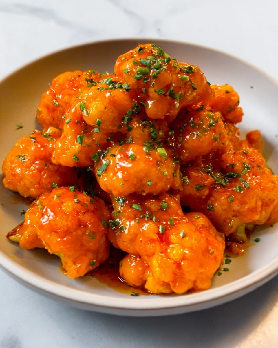 The image shows a round white plate filled with several large, bright orange cauliflower florets coated in a thick, shiny sauce. The cauliflower pieces are piled in the center, each piece well-covered with the smooth sauce that has a slightly sticky texture. Small green chopped herbs are sprinkled evenly over the top, adding a fresh contrast to the orange color. The white marbled surface beneath the plate adds a clean and simple background, making the vibrant colors stand out. photo taken with an iphone --ar 4:5 --v 7