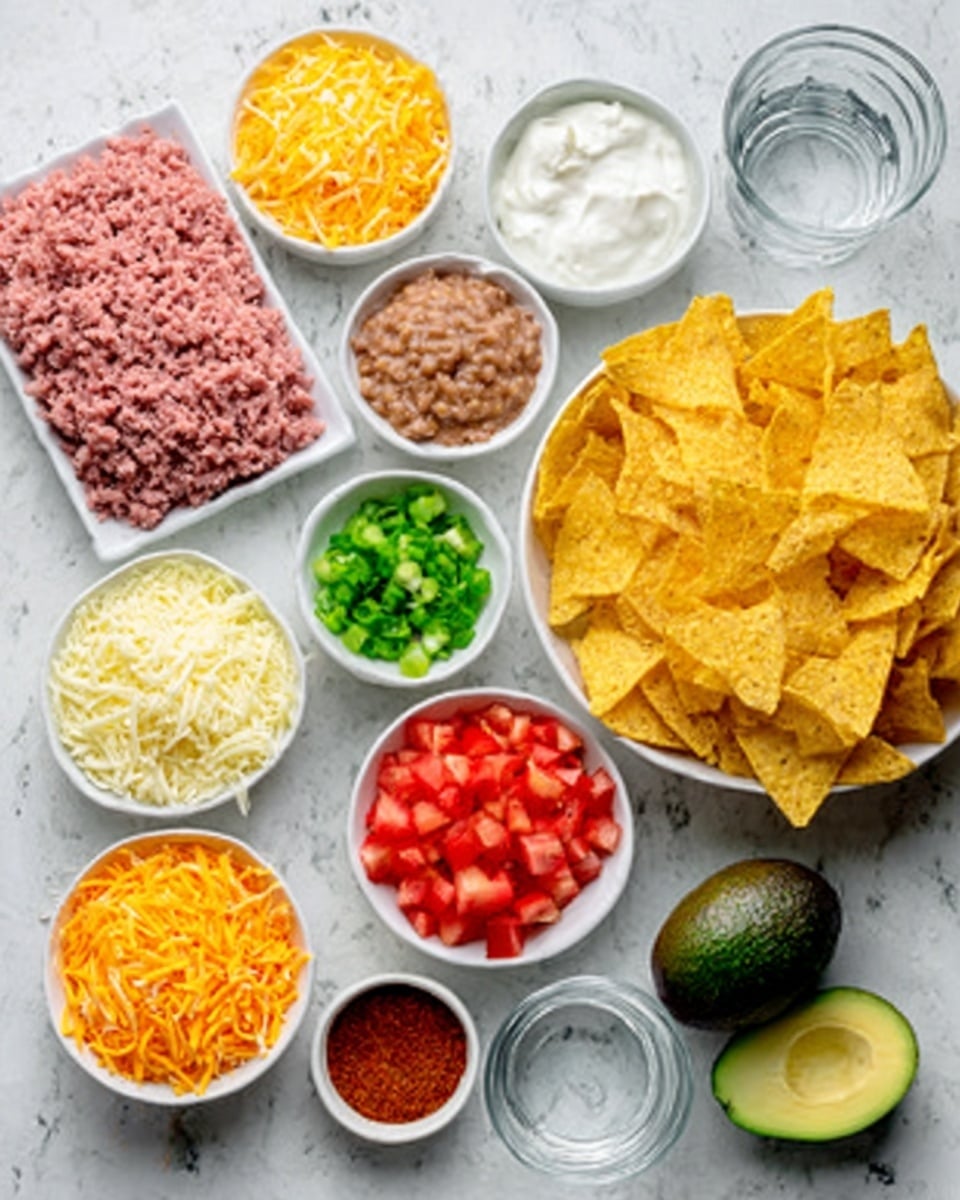 The image shows a white marbled surface with multiple small white bowls arranged neatly. There are three layers of finely shredded cheese in shades of light yellow and bright orange on the lower left side. Toward the top left, there is a rectangular shape of pink minced meat. In the center and upper area, there are small white bowls with sour cream, chopped green onions, chopped white onion, and a bowl of light brown refried beans. To the right side, a large pile of yellow corn chips fills a white bowl. At the bottom center, there is a whole dark green avocado, and near it, a small bowl with bright red diced tomatoes. A small white bowl with red powder, likely a spice, and a clear glass of water are also visible. The arrangement is clean and colorful with contrasting textures. photo taken with an iphone --ar 4:5 --v 7