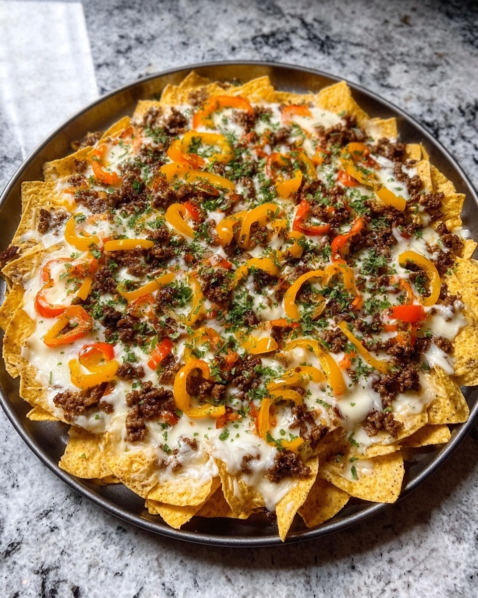 A large round tray filled with a single layer of crispy yellow tortilla chips, topped with melted white cheese evenly spread over the chips. Slices of bright orange and yellow bell peppers are scattered on top, mixed with small green herb pieces sprinkled throughout. There are dark brown cooked ground meat bits spread over the cheese, adding a rich texture. The tray sits on a white marbled countertop. photo taken with an iphone --ar 4:5 --v 7
