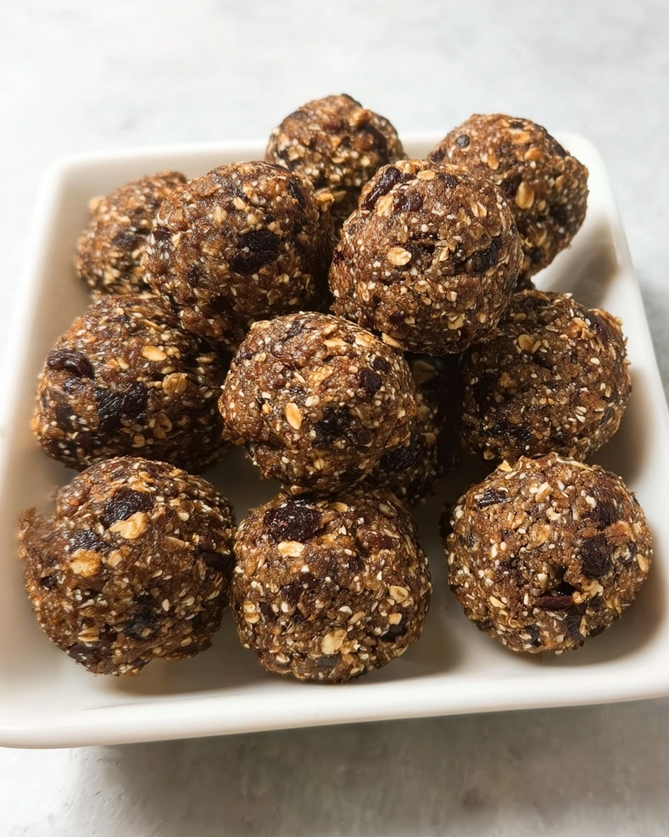 A white rectangular dish filled with about fifteen rough, round snack balls made from a mix of oats and dark brown ingredients, likely chocolate or cocoa, with visible lighter oat pieces and small dark bits that look like raisins or chocolate chips. The balls have a textured, bumpy surface and are closely packed together inside the dish, which is placed on a white marbled surface. The image shows a close-up view of the balls, highlighting their coarse, uneven shapes and mixed colors. photo taken with an iphone --ar 4:5 --v 7