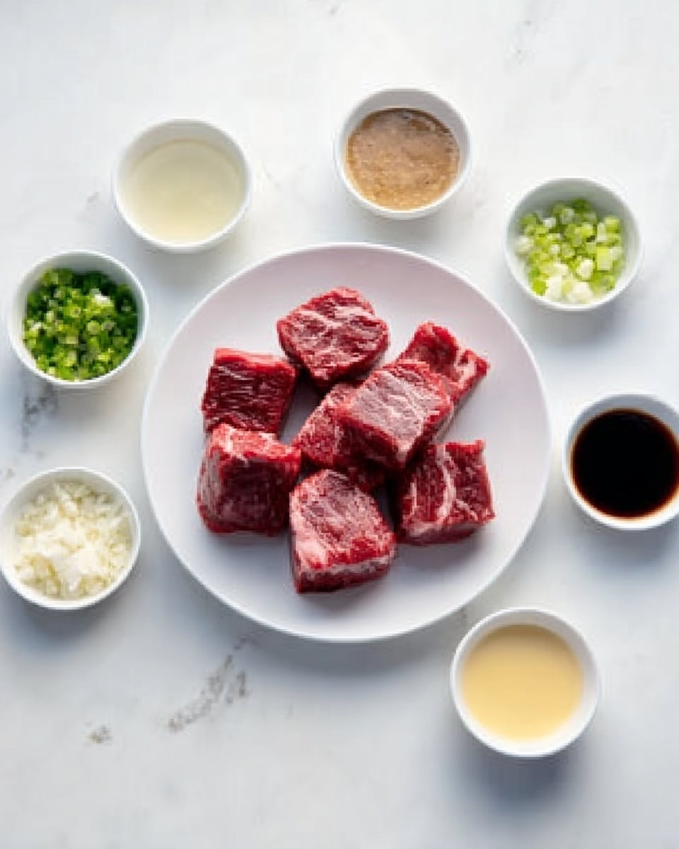 A white plate centered on a white marbled surface holds six pieces of raw beef short ribs, showing deep red meat with marbled white fat. Surrounding the plate, there are seven small white bowls, each containing different ingredients: a clear liquid, chopped green onions, minced garlic, a honey-colored liquid, a light brown paste, a thick dark soy sauce, and a white creamy sauce. The bowls are neatly arranged around the plate, creating a clean and organized layout. photo taken with an iphone --ar 4:5 --v 7