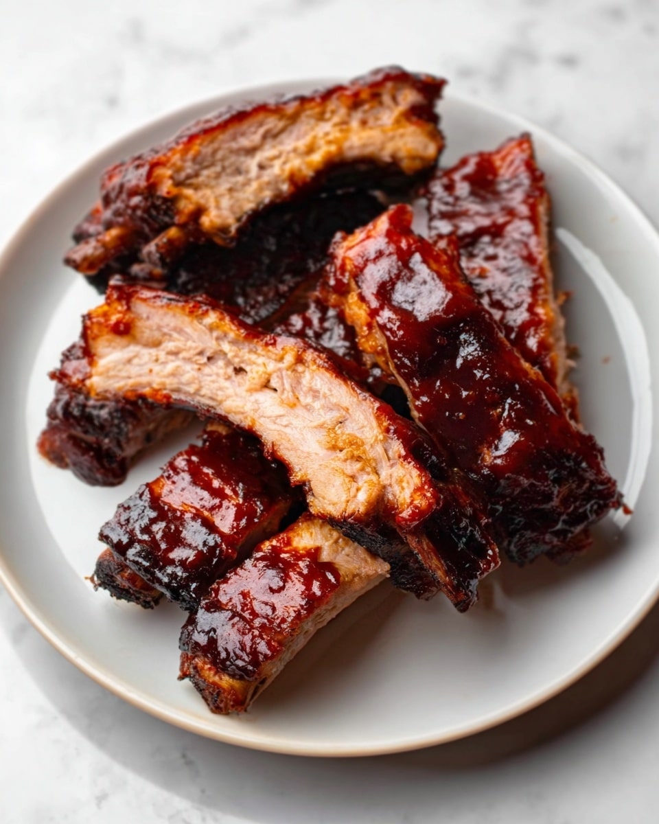 A white plate on a white marbled surface holds four pieces of ribs with a thick, shiny, dark brown sauce glazed over them. The ribs have a caramelized texture showing grill marks and some crispy edges. The meat looks tender with a mix of darker and lighter browns. The top rib piece is slightly raised, revealing the juicy inside. In the background, there is a blurred dark cup or jar. The photo taken with an iphone --ar 4:5 --v 7
