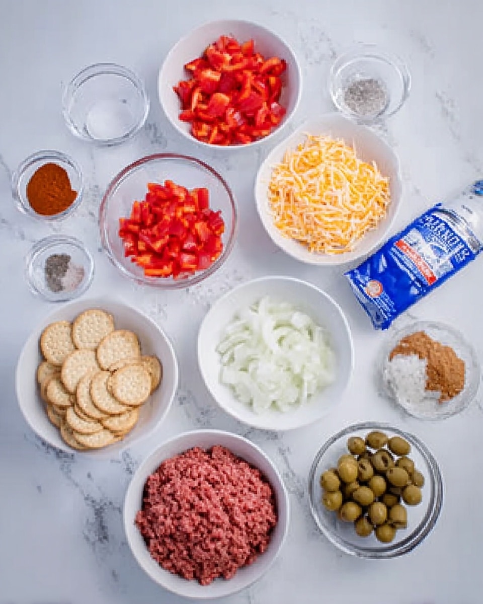 The image shows multiple clear glass and white bowls arranged neatly on a white marbled surface. In the front, there is a large clear glass bowl filled with raw ground meat that has a pinkish-red color and a coarse texture. Surrounding it are smaller bowls: one with bright red chopped bell peppers, one with thin, light orange shredded cheese, one with sliced red tomatoes, one with finely chopped white onions, and one with small white cubes of what looks like cheese or butter. Two small round white bowls hold dark green stuffed olives and a creamy white sauce. Additionally, there are two small shakers filled with black pepper and salt, and a blue package of round crackers placed neatly in the center. The overall layout is clean and organized, emphasizing the fresh ingredients. photo taken with an iphone --ar 4:5 --v 7