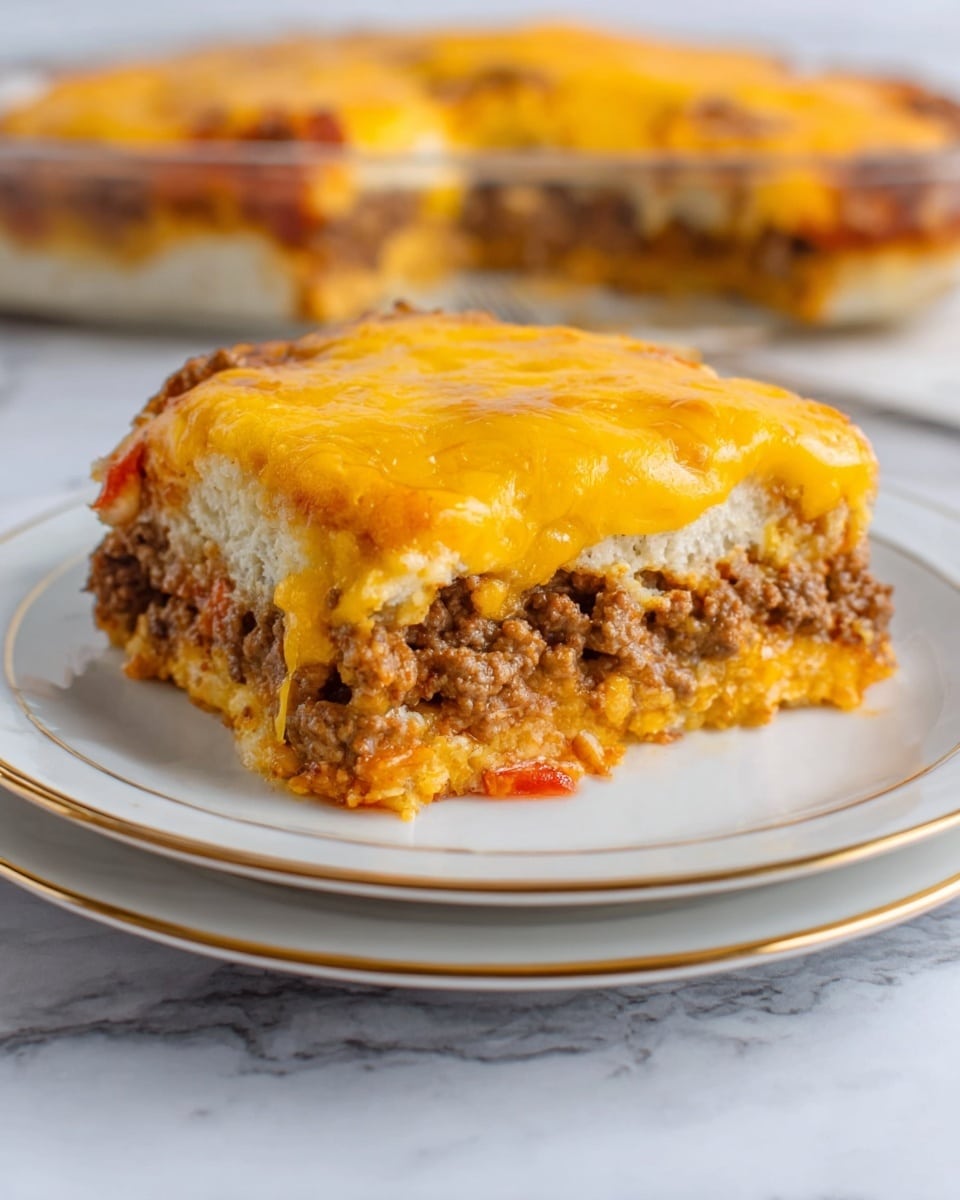 A square slice of layered casserole sits on a white plate with a gold rim, placed on top of two similar plates. The casserole has three visible layers: the bottom layer is pale and soft, the middle layer is a thick mix of brown cooked ground meat, and the top layer is melted bright orange and yellow cheese that looks smooth and slightly shiny. In the background, more casserole slices are slightly blurred. The whole scene is set on a white marbled surface. Photo taken with an iphone --ar 4:5 --v 7
