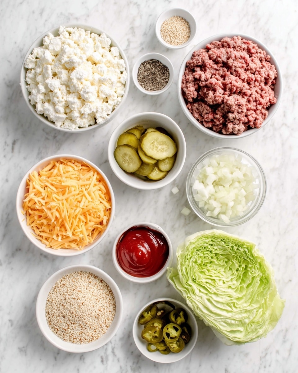 A top-down view of several white bowls arranged on a white marbled surface, each filled with different food items. There is a bowl of finely chopped onions, a bowl of shredded orange cheese, and a bowl filled with finely chopped pickles. A large pile of ground beef sits in a square white bowl. Sliced pickles are in a small white bowl near the top. A small white bowl has tomato sauce, and another has diced onions. A whole lettuce head is placed on the surface beside the bowls. A small container with sesame seeds and a spoon with a small amount of salt are also visible. The image shows a mix of textures: the softness of ground beef, the roughness of shredded cheese, and the crispness of lettuce leaves. Photo taken with an iphone --ar 4:5 --v 7