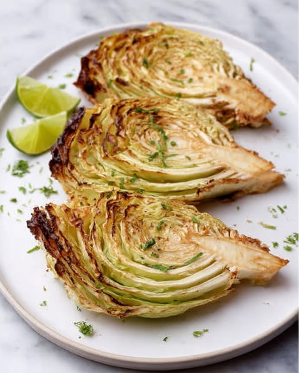 The image shows three wedge-shaped pieces of roasted cabbage with a light brown char on the edges, each piece having visible layers of pale green and creamy white leaves. The cabbage wedges rest on a round white plate, garnished with small green herbs sprinkled around them. To the side of the plate are two lime wedges adding a fresh look, and a silver knife is partially visible on the right. The background surface is white marble, creating a clean and fresh setting. Photo taken with an iphone --ar 4:5 --v 7
