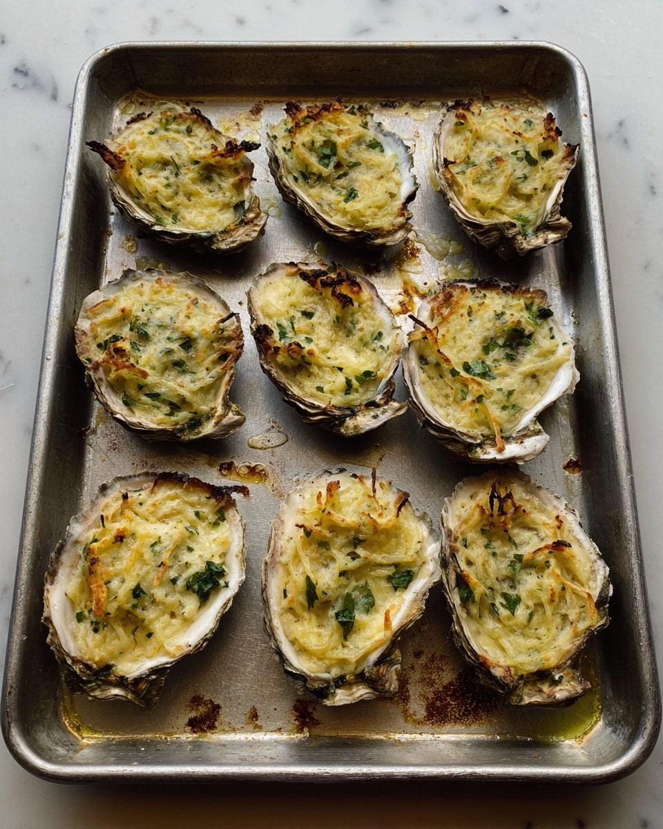 The image shows a dark baking tray holding eight baked stuffed oyster shells arranged loosely in two columns. Each oyster shell is white with a rough edge and filled with a creamy, slightly browned stuffing made from a mixture of light beige and green bits, which look like herbs spread evenly on top. The stuffing has a soft and slightly crispy texture with some small melted cheese spots. The tray sits on a white marbled surface, with a slight reflection under the tray. photo taken with an iphone --ar 4:5 --v 7