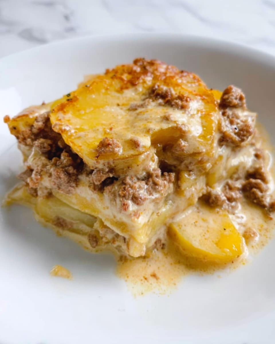 The image shows a white plate with a layered dish made of cooked ground meat and slices of yellow potatoes. The top layer is a creamy sauce with a smooth, slightly thick texture that covers the meat and potatoes unevenly. The dish looks soft and moist, with the ground meat appearing crumbly and brown, and the potato slices are tender and slightly translucent. The plate sits on a white marbled surface. photo taken with an iphone --ar 4:5 --v 7