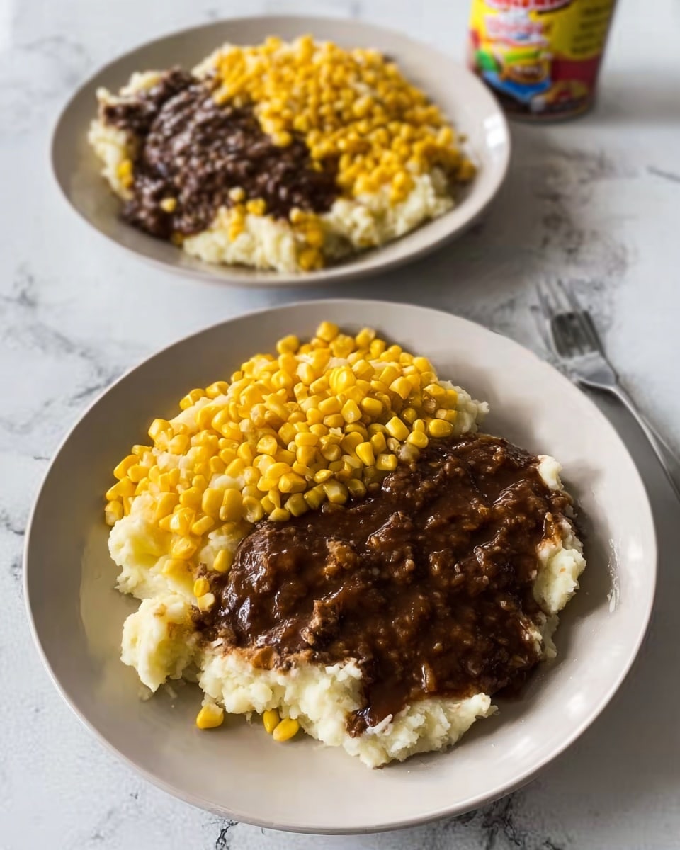 The image shows two white plates on a white marbled surface, each plate containing three sections of food. The first section has a yellow corn serving, with bright kernels packed tightly. The second part has a layer of light-colored mashed potatoes, smooth and creamy. On top of the mashed potatoes, there is a thick layer of dark brown minced meat with rich texture, covering most of the potato beneath. The overall look is hearty and simple. Nearby, there is a bottle and a small packet, but the focus is on the food on the plates. Photo taken with an iphone --ar 4:5 --v 7