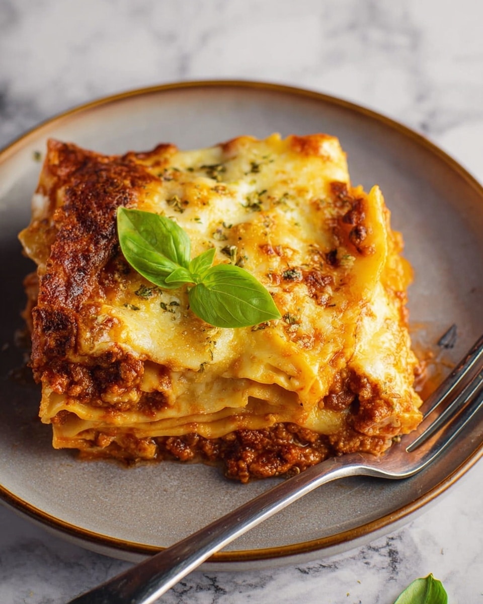 A square piece of lasagna with three visible layers sits on a white plate; the bottom layer has a chunky red sauce mixed with bits of meat, the middle layer is creamy and white, and the top layer is covered with melted golden cheese sprinkled with black pepper. A fresh green basil leaf rests on the top center. A silver fork lies on the right side of the plate, and the plate is placed on a white marbled surface. photo taken with an iphone --ar 4:5 --v 7